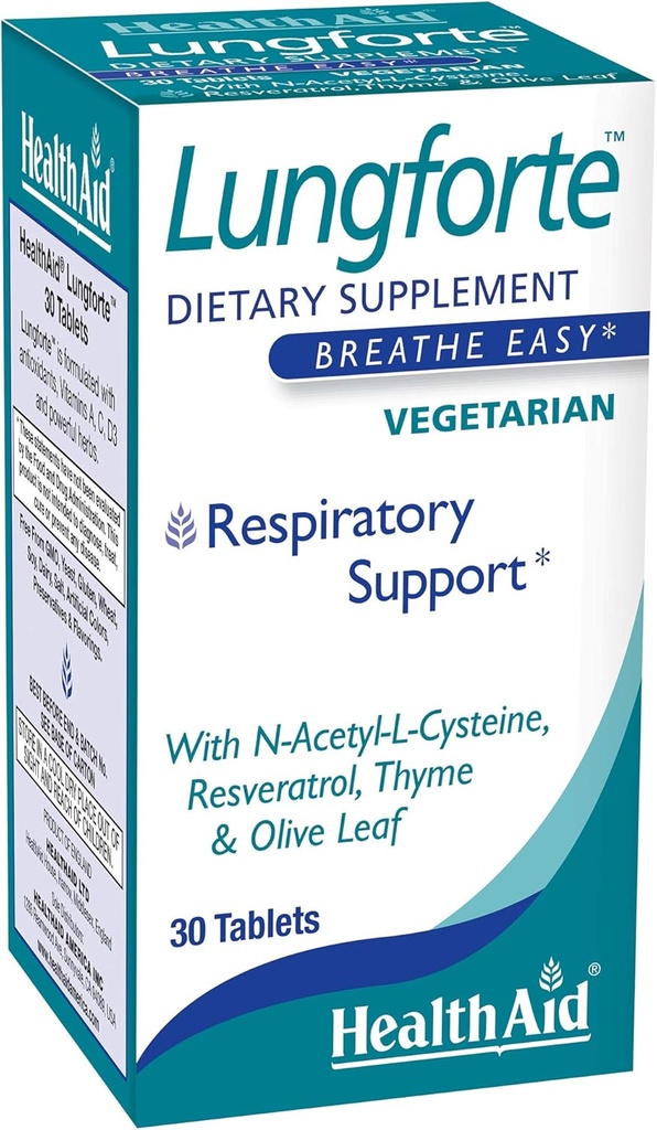 HealthAid LungForte 30 Tablets – Daily Antioxidant Lung Support with NAC, Resveratrol, Olive Leaf, Thyme & Vitamins A, C & D3 – Vegetarian, Non-GMO
