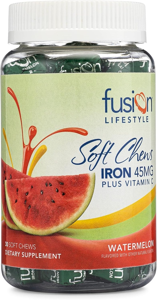 Suplemento de hierro para mujeres y hombres, Watermelon Flavored Iron Soft Chew Plus Vitamina C para la deficiencia de hierro y la anemia, 1 mes de suministro, 30 cuenta