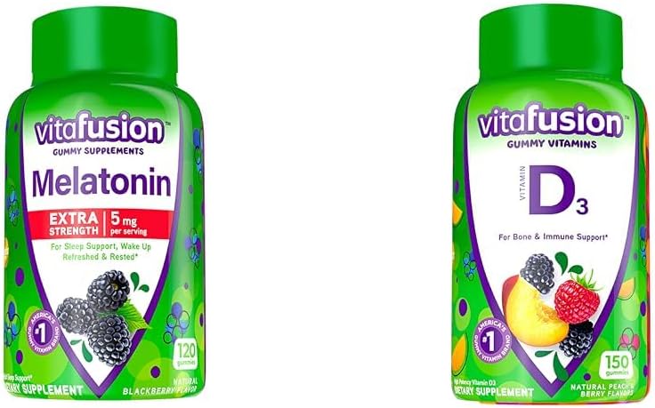Vitafusion Extra Strength Melatonin Gummy Vitaminas, 5mg, 120 ct Gummies & Vitamina D3 Gummy Vitaminas para el soporte del sistema de huesos e inmunes