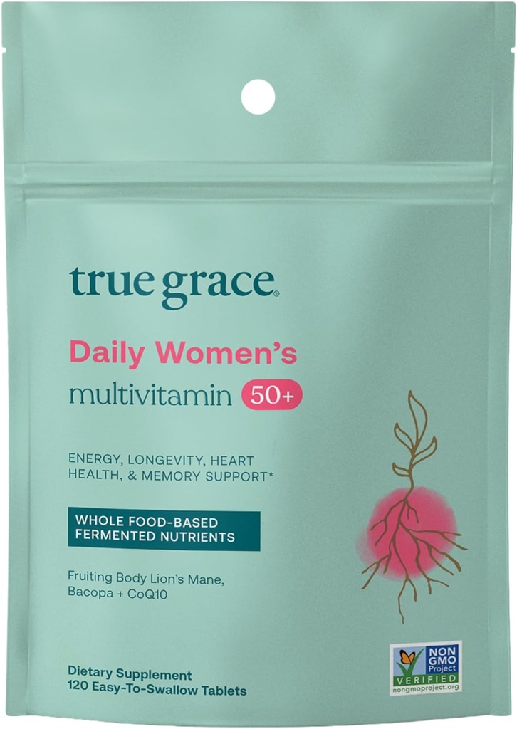 True Grace Daily Women’s Multivitamin 50+ - 120 Easy-to-Swallow Tablets - Immune, Energy, Longevity & Memory Support - Vegan - Gluten, Soy & Iron Gratis - 60 Servings