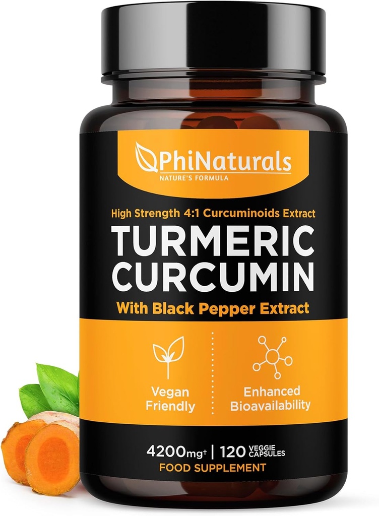 PhiNaturals Turmeric Curcumin Suplemento con Black Pepper Extract - 4200 mg Whole Curcuma Root Equivalent Per 3 Capsules Serving - Tumeric Pills