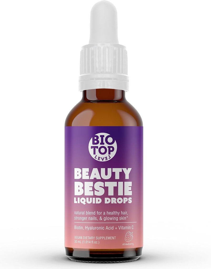 Belleza Bestie Líquido Vegan gotas, Biotina, Vitamina C, Ácido Hialurónico, Vitaminas Multi-Benefit Blend para apoyar el cabello saludable, Skin & Nails Crecimiento, Azúcar Gratis 1 fl oz.