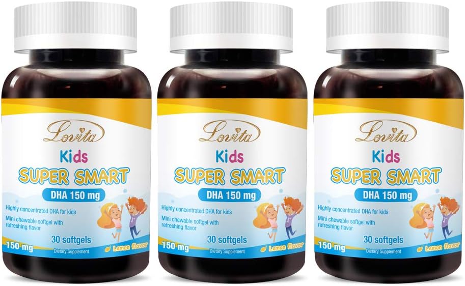 Lovita Kids Super Smart DHA, 150mg DHA y 30 mg EPA de Omega 3 ácidos grasos, apoya la salud cerebral, sabor natural de limón, 30 Softgels Chewable (Pack of 3)