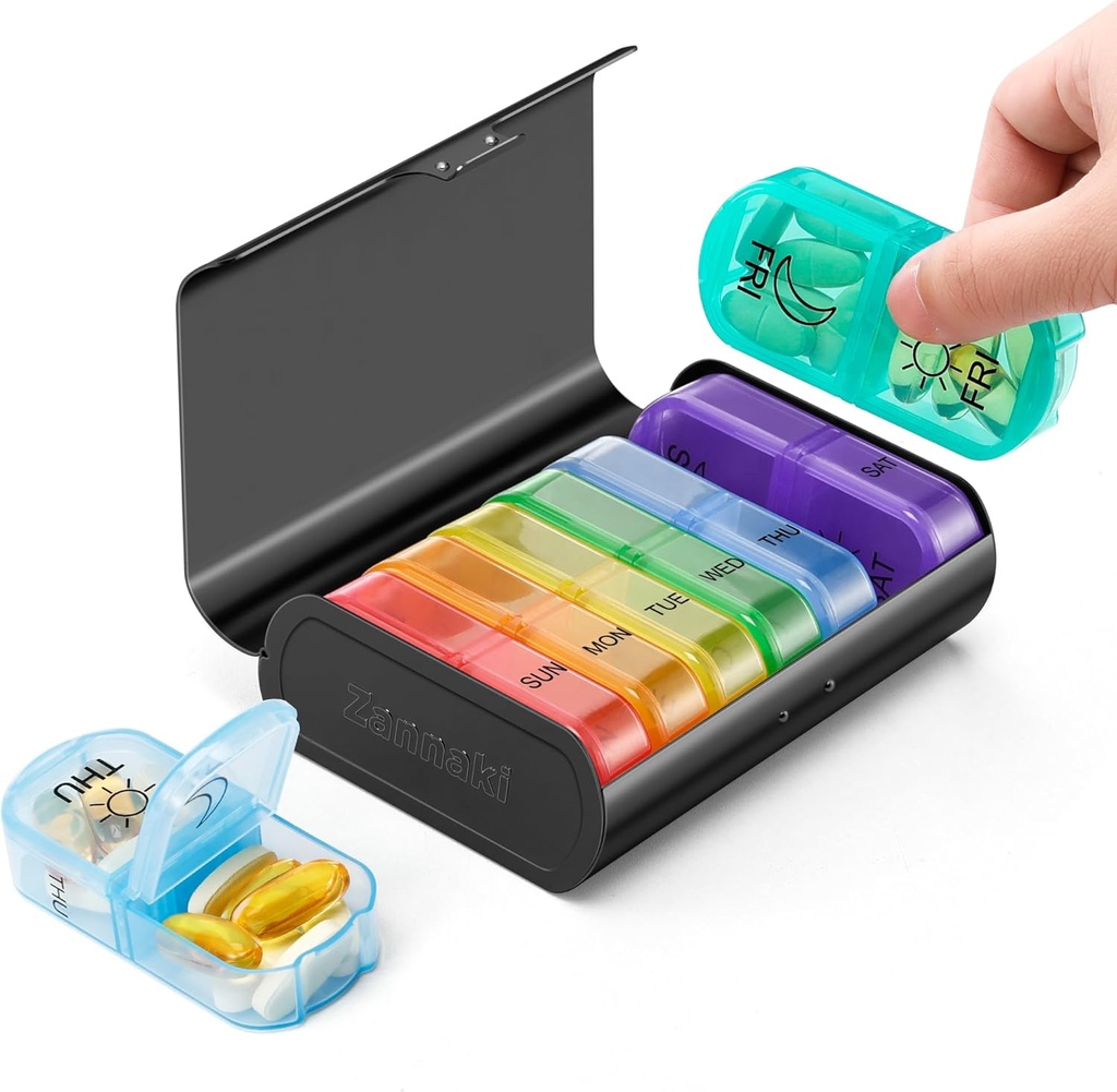 Zannaki Metal XL Organizador semanal de píldoras 2 veces al día, gran caja de píldoras diarias de viaje 7 días, semana portátil contenedor de carga, AM PM caja de píldoras para la medicina Suplemento de vitaminas, negro