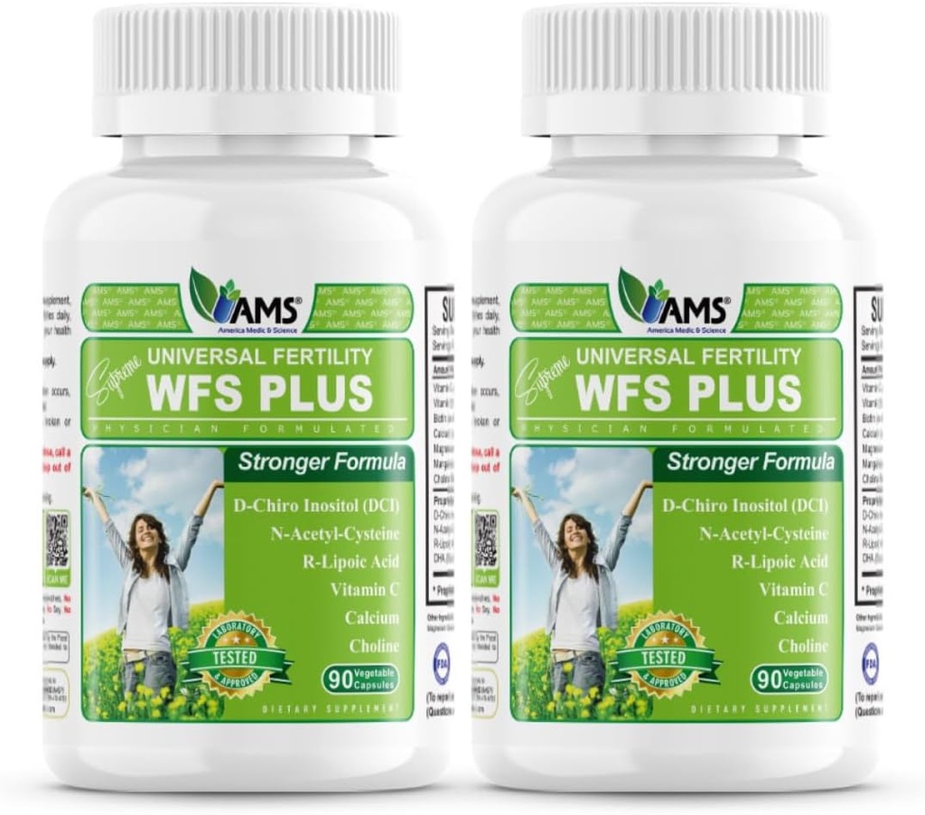 America Medic &amp; Science WFS Plus Fertility Supplements for Women (90 Capsules) Supports Ovulatory Health ← Natural Preconception Vitaminas, Reproductive Aid, with D-Chiro Inositol, DHA (Pack of 2)