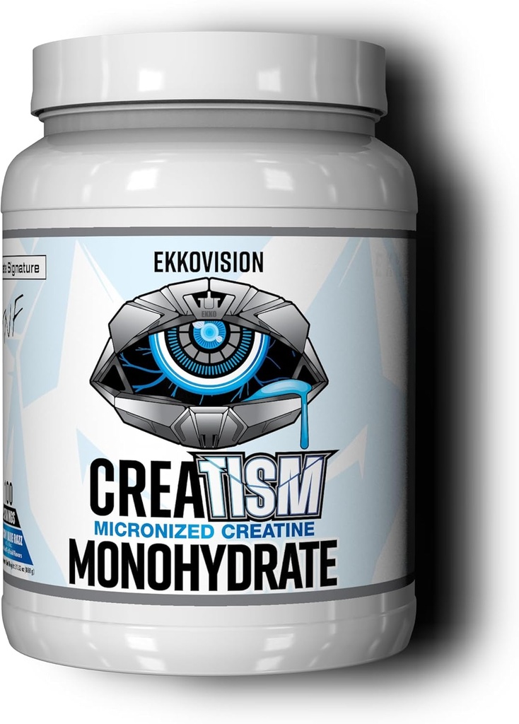 Ekkovision Creatine Monohydrate Powder, Micronized, Puckin' Blue Razz, Pre Workout &amp; Post Workout Suplemento para Hombres &amp; Mujeres, Energy Support, Easy to Mix in Shakes, Smoothies & Beverages, 100 Servings