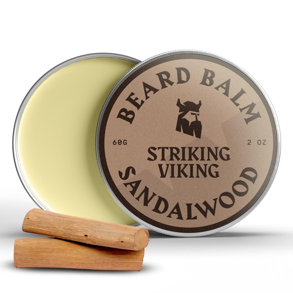 Bálsamo de barba vikinga para hombres - Salir en acondicionador de barba - Bálsamo con mantequilla de barba naturalmente degradada, aceites Argan & Jojoba (2 onzas (Pack of 1), Sandalwood)