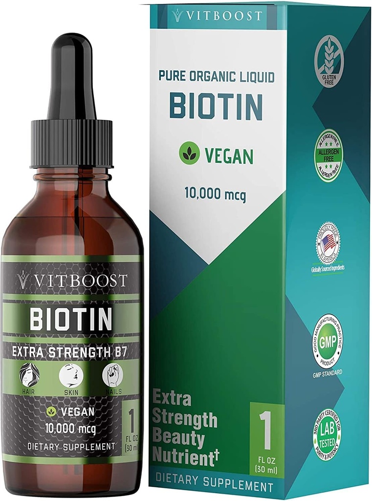 Extra Strength 10,000mcg Biotin Liquid Drops with Organic Berry Flavor ← 60 Servings ← Vegan Formula apoya el crecimiento del cabello, fuertes uñas, sana habilidad TEN NO Artificial Preservatives
