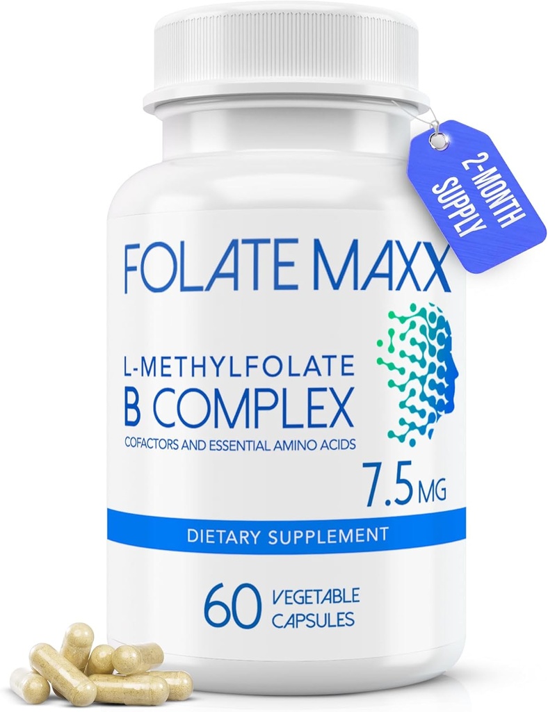L-Methylfolate + B12 Methylcobalamin & B6 Blend (7.5mg) - 60 cápsulas - Active B-Complex with Cofactores " Essential Amino Acids - Non GMO, Gluten Free, No Fillers