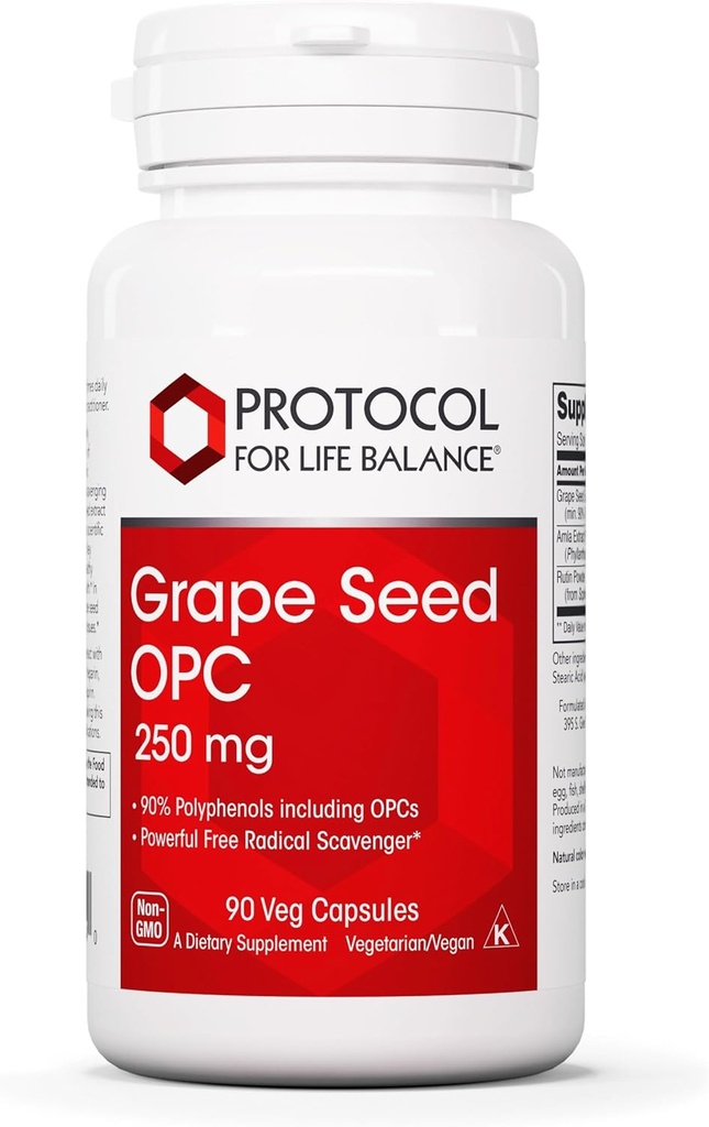 PROTOCOLO PARA LA VIDA BALANCE Grape Seed OPC - 250mg - 90% Polyphenols - con Rutin &amp; Amla Fruit Extract - Grape Seed Capsule - Non-GMO & Kosher - 90 Veg Caps