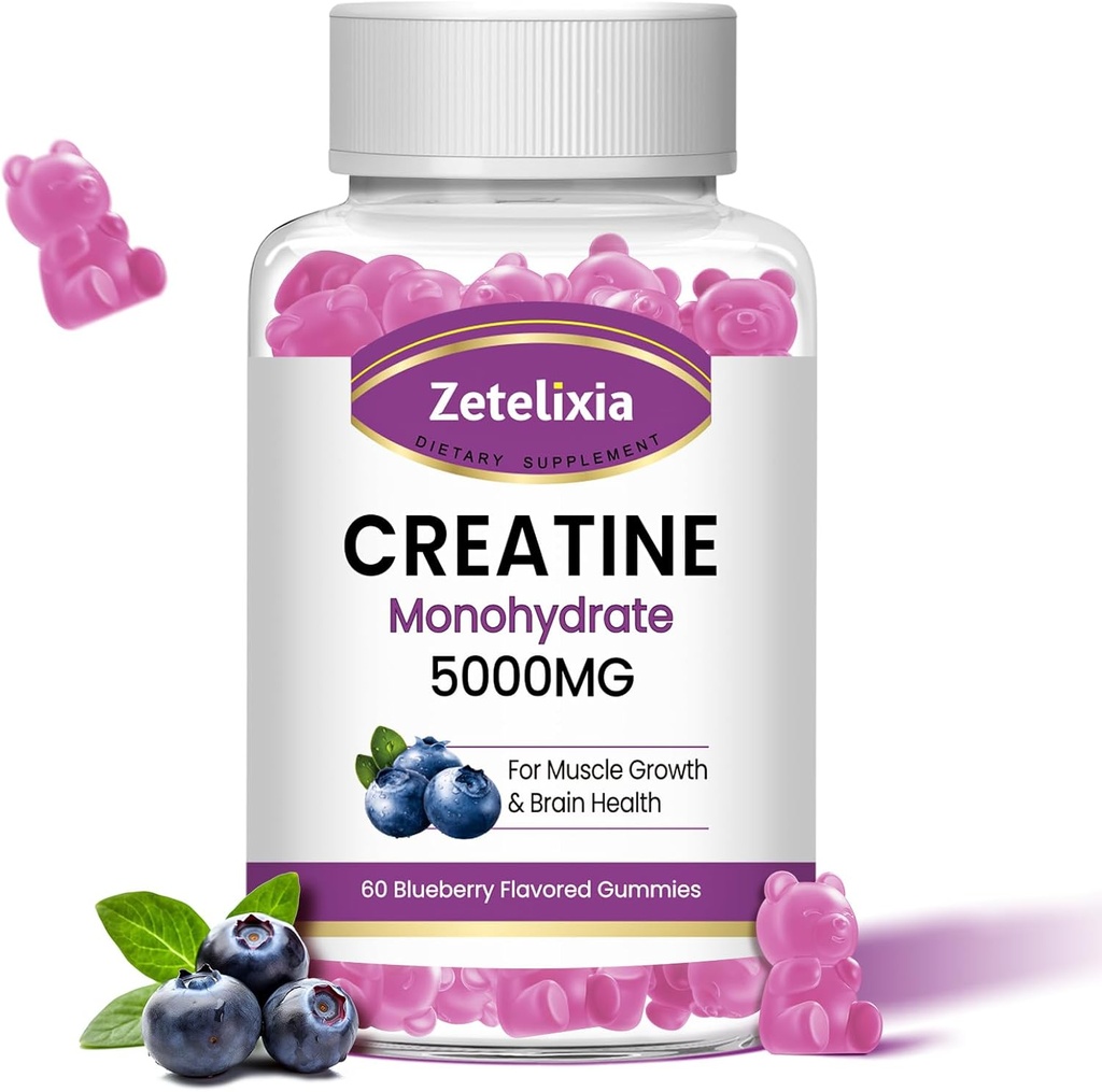 Cretina Monohydrate Gummies 5g para Hombres &amp; Mujeres, Chewables Cretina Monohydrate para Muscle Strength & Muscle Builder, Vitamina B12 para Apoyo Energético, No GMO, Blueberry Flavor, 60 Condes