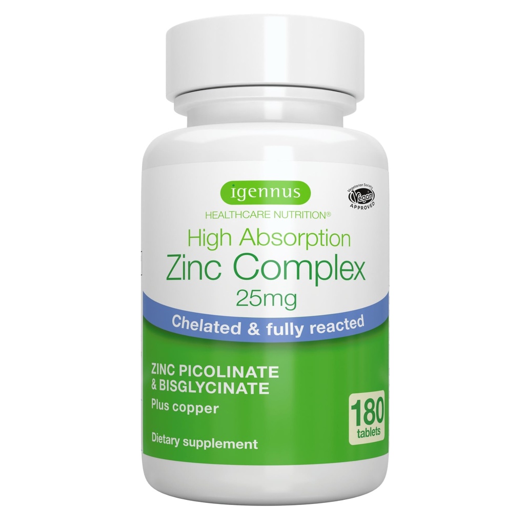 Igennus Clean Chelated Zinc 25mg with Copper, Fully Reacted Picolinate & Bisglycinate, High Absorption Complex, Supplement for Women &amp; Men, Lab Verified, Non-GMO, Immune & Skin Support, 6 Month Supply