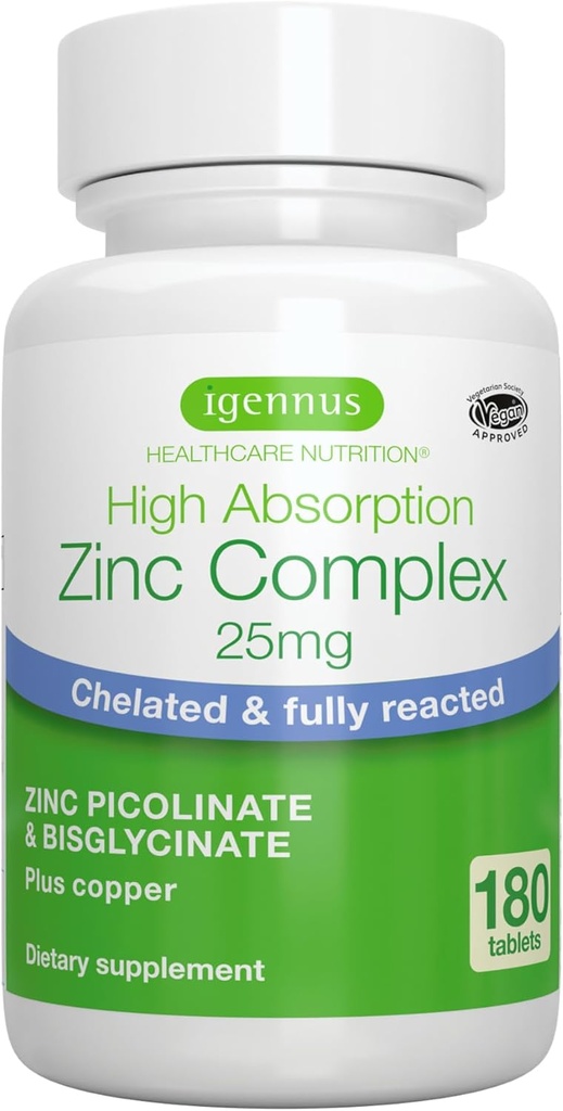 Igennus Clean Chelated Zinc 25mg with Copper, Picolinate & Bisglycinate, High Absorption Complex, Supplement for Women &amp; Men, Lab Verified, Non-GMO, Immune Support & Skin, 180 Tablets 6 Month Supply