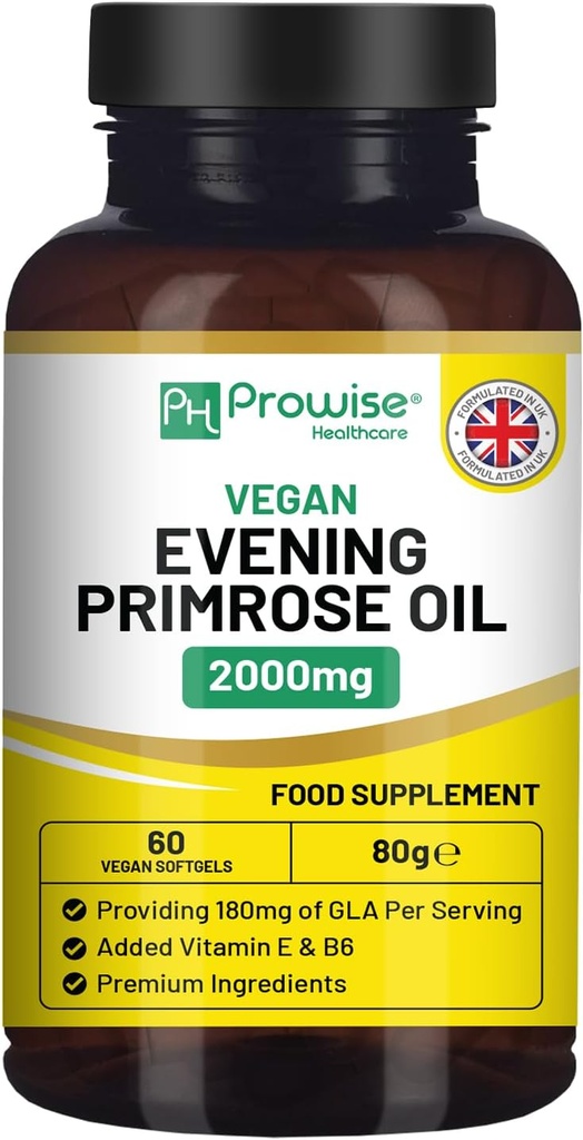 Vegan Evening Primrose Oil 2000mg with Vitamin E &amp; B6 – 60 Vegan Softgels sometida Pure Cold Pressed I 180mg GLA per Capsule I Women's Health I Premium Quality I by Prowise Healthcare