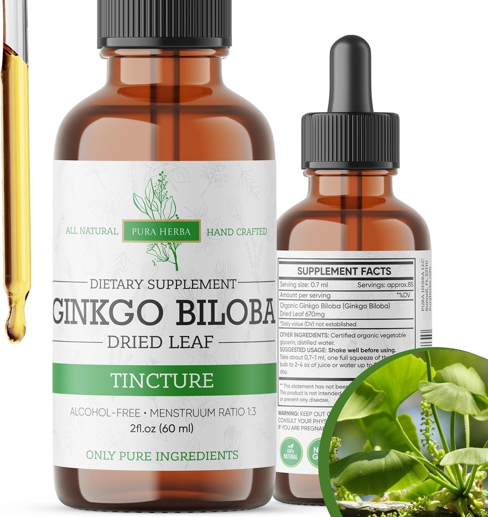 Ginkgo Biloba Extracto líquido 2 Fl Oz, Suplementos para Función cerebral y soporte de memoria, Alcohol Gratis, Vegan - 2 Fl Oz