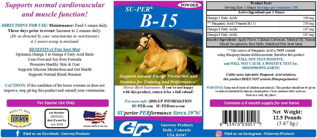 SU-PER B-15 Suplemento de Vitamina para Caballos - Equina Vitamina B-15 Polvo para Apoyo al Rendimiento - 12,5 libras, 6 meses de suministro