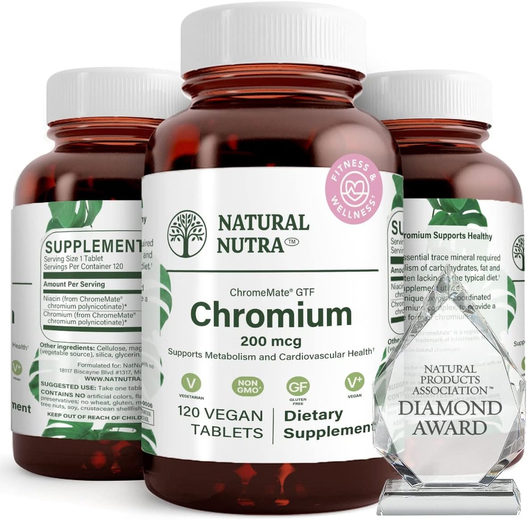 Natural Nutra GTF Chromium Polynicotinate con ChromeMate, soporta el metabolismo corporal, ayuda la salud del corazón, mantener el nivel de grasa corporal, mejorar la digestión, la salud cardiovascular, 200 mcg, 120 tabletas Vegan
