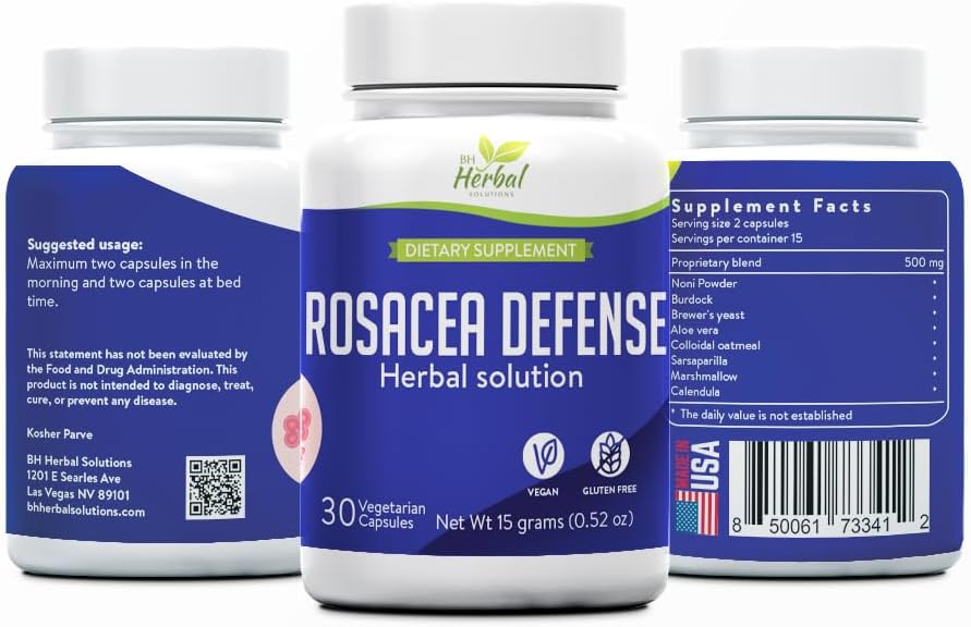 Rosacea Defense - Suplemento herbario para la piel Redness y Sensibilidad - Soportes Calma, Complejo Equilibrado - 100% Natural Ingredientes