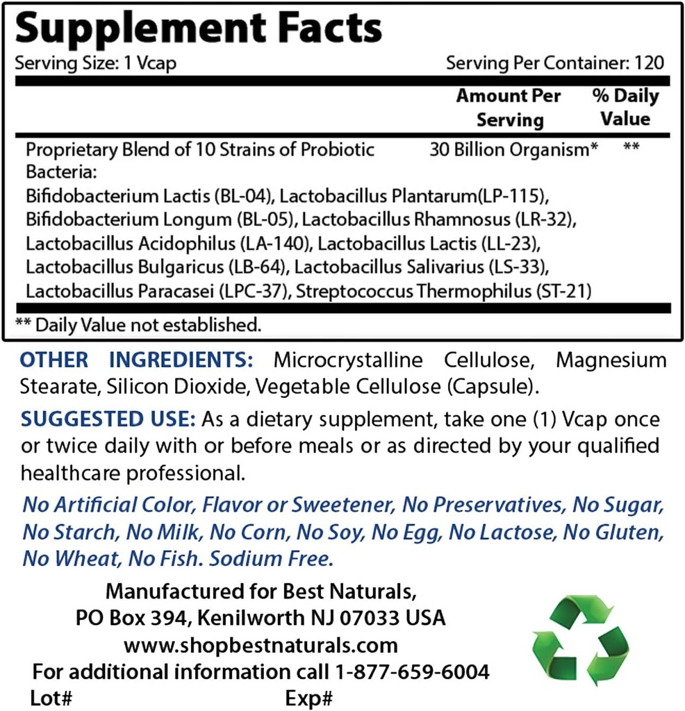 Best Naturals Probiotic 10 Strains &amp; 30 Billion CFU &amp; COQ10 100 mg