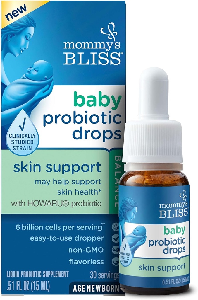 Mami's Bliss Baby Probiotic Drops Skin Health Support, 6 Billion Cells per Serving, Age: Newborn & Up, 15 ML (30 Servings)