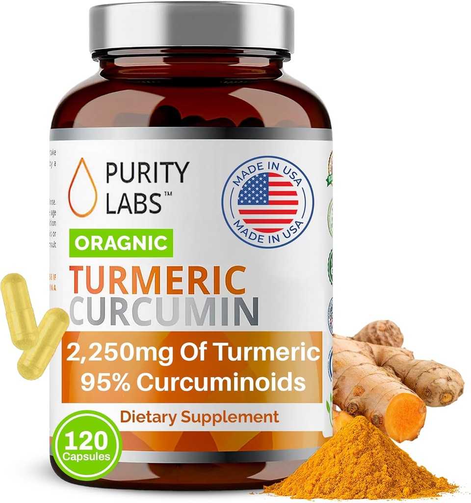 Laboratorios de Puridad Suplemento de Curcumina Turmérica Orgánica con Piperina 2,250 MG/Serving Silencio 95% Curcuminoides Suplementos Turméricos, Alivio de Dolor Conjunto Antioxidante, Muscle & Cerebro Apoyo No GMO - 120 cápsulas