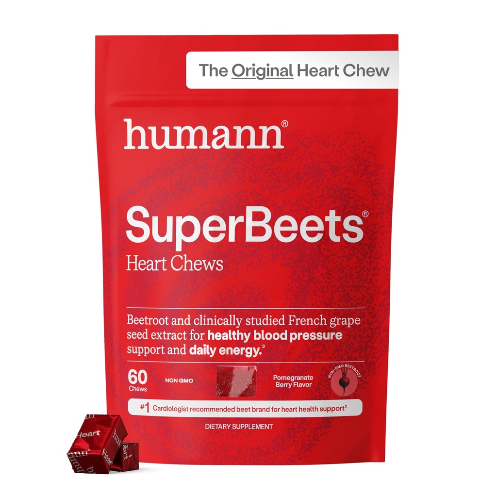 Humann SuperBeets Heart Chews, Nitric Oxide and Blood Pressure Support, Grape Seed Extract " Non-GMO Beet Root Powder Energy Supplement, Pomegranate Berry Flavor, 60 Count