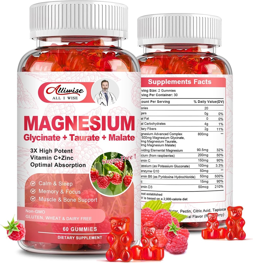 Magnesio Suplemento Complejo Gummies, Magnesio sin azúcar Glycinate 500mg para adultos y niños, con Taurate 200mg, Malate, Calcio, COQ10, Multivitamina para el sueño, Corazón &amp; Bone Health