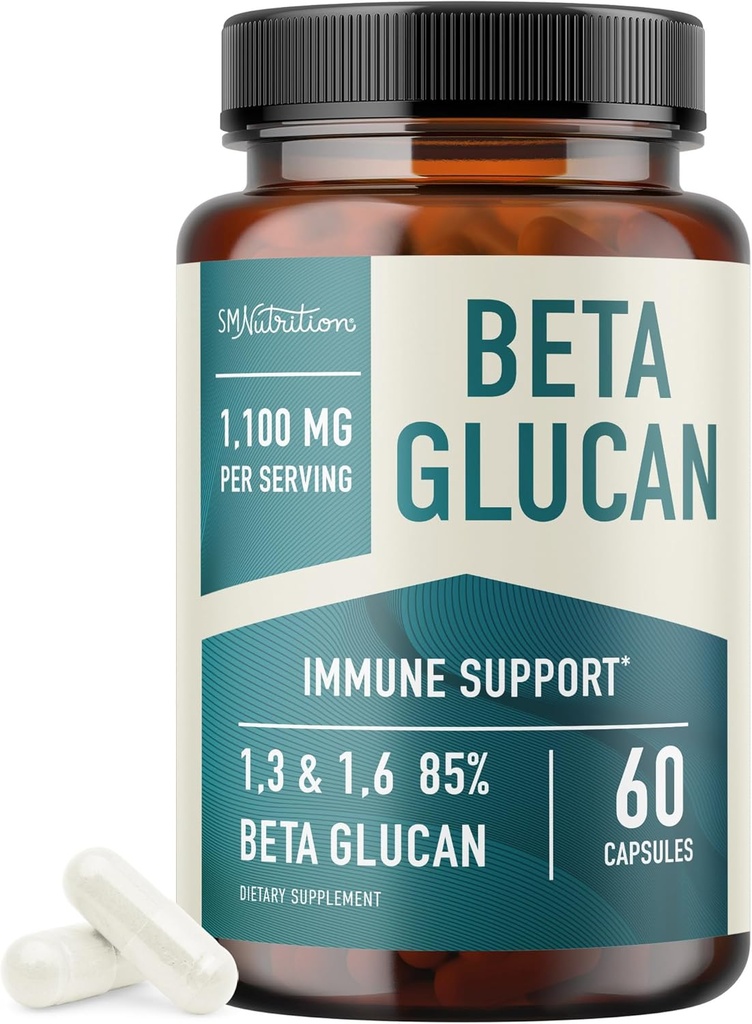 Beta Glucan Supplement 1100mg for Immunity, Skin & Gut Support TEN 1,3D &amp; 1,6 Beta Glucans Extra Strength Formula TEN 85% Concentrated &amp; Over 500mg Per Capsule TEN Non-GMO, Vegan, Gluten-Free 60ct