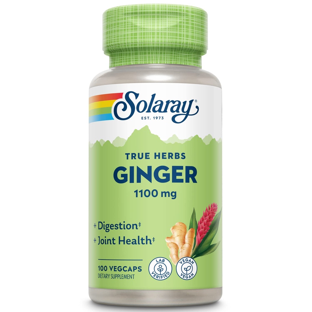 SOLARAY Ginger Root 1100mg | Healthy Digestion, Joints and Motion & Stomach Discomfort Support | Whole Root | Non-GMO & Vegan | 100 VegCaps
