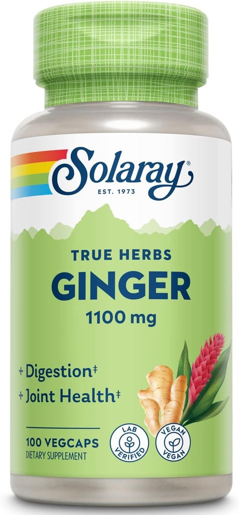 SOLARAY Ginger Root 1100mg ← Digestión saludable, articulaciones y moción " Stomach Discomfort Support ¦ Whole Root ← Non-GMO & Vegan  100 VegCaps