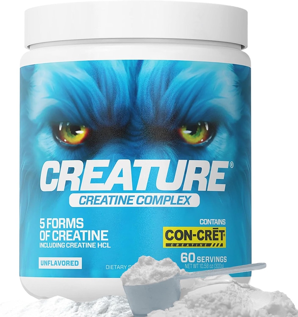 CREATURE® Creatine Complex - Creatine Monohydrate Powder con 5 Tipos de Creatina Incluyendo Con-Crēt® Creatine HCL, promueve el músculo, la fuerza, la resistencia, la salud cerebral, sin sabor, 300g 60 Servimientos