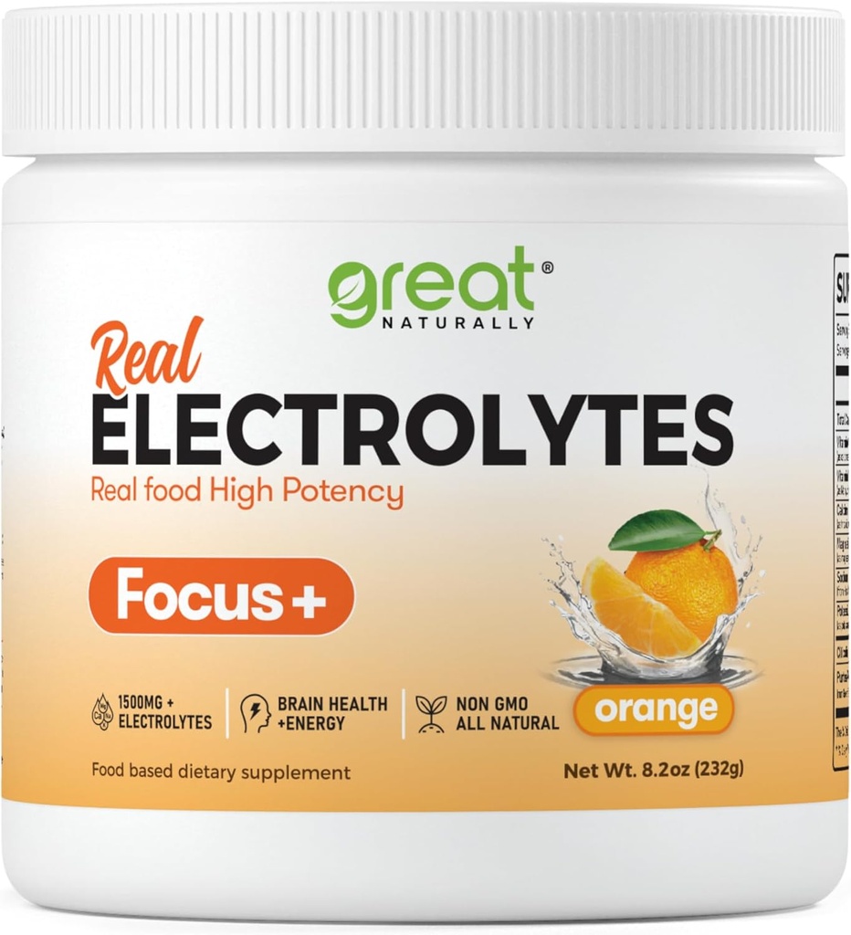 Focus+ Electrolito Nootrópico Naranja: Hidratación " Apoyo cerebral para el realce cognitivo, memoria, concentración - Citicolina, cafeína orgánica, metil B12 - Hecho en EE.UU.