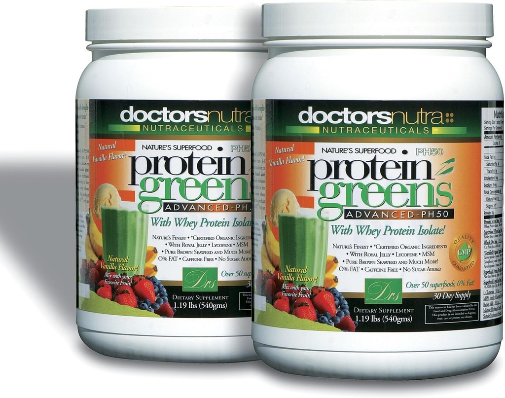 (Pack of 2) PH50 Protein Greens Drink with Certified Organic Ingredients by Doctors Nutra Nutraceuticals, 1.19 libras (540 gramos) 50 Superfoods, Digestive Enzymes, Natural Vanilla Flavor