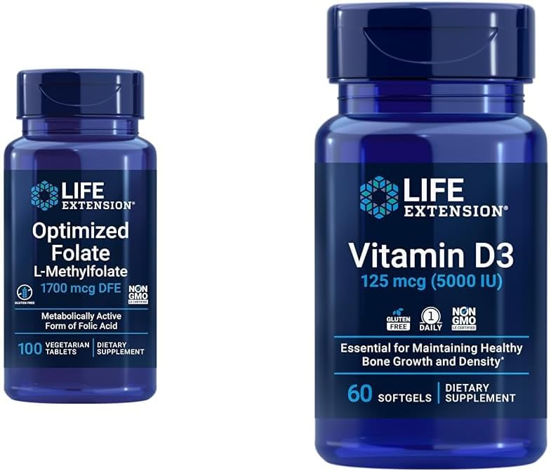 Extensión de vida Optimizado Corazón de folato &amp; Tablas de soporte cerebral y vitamina D3 Hueso, Cerebro &amp; Inmune Salud Softgels - 100 Tabletas, 60 Softgels