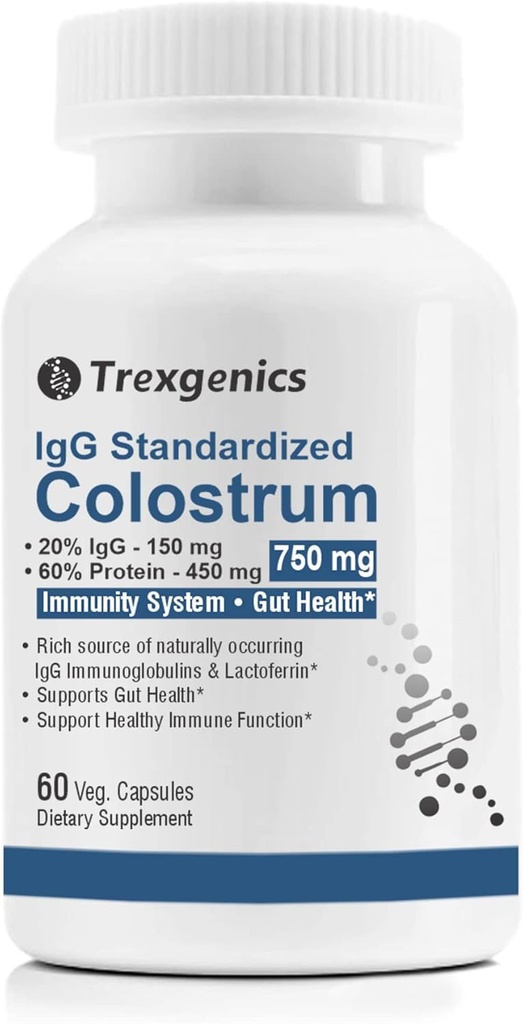 Trexgenics Colostrum 750 mg, 20% IgG, 60% Proteína, Inmunity, Gut Health Support Vegetarian " Non-GMO (60 Veg. Capsules) (Pack of 1)