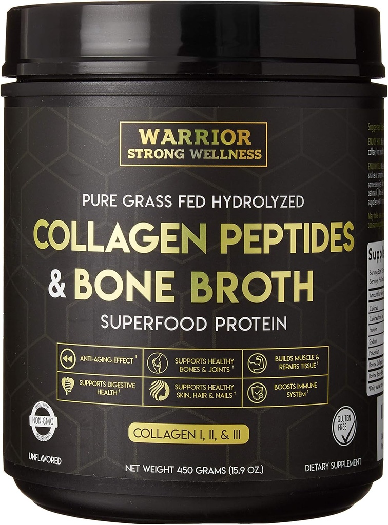 Péptidos de colágeno Premium Broth Powder de hueso: Grass Fed Collagen Hidrolyzed Boost for Healthy Skin, Nails, Hair, Joints, Muscles, Bones, Digestion, Keto Friendly, Unflavored