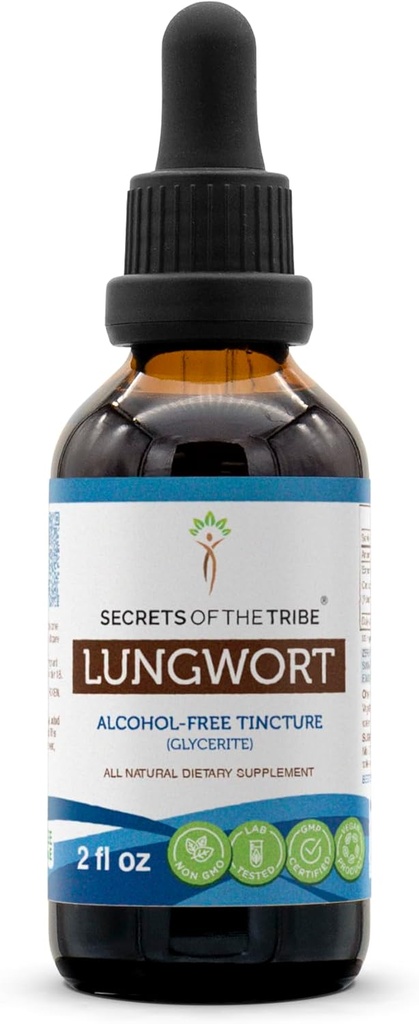 Secrets of the Tribe Lungwort Alcohol-Free Liquid Extract, Lungwort (Pulmonaria officinalis) Dried Leaf Tincture Supplement 2 oz