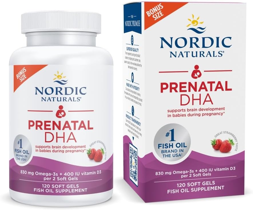 Naturales nórdicos Prenatal DHA, Fresa - 120 Gels blandos - 830 mg Omega-3 + 400 UI Vitamina D3 - Apoya el desarrollo del cerebro en bebés durante el embarazo y lactancia - No GMO - 60 Actuaciones
