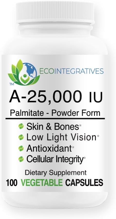 A-25,000 iu Palmitate Vegan, Powder Form (100 cápsulas) Non-GMO, soporta baja visión de la luz, soporte inmunológico, integridad celular de los huesos de la piel, antioxidante