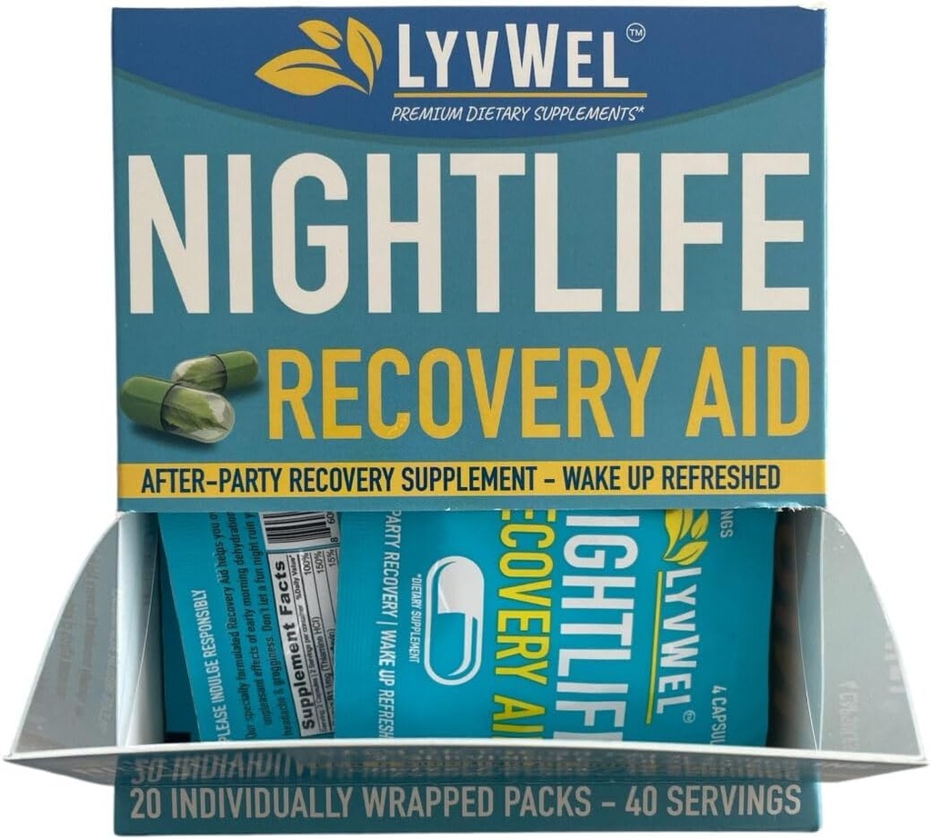 LyvWel Nightlife Recovery Carton | Rapid Morning Rejuvenation, Liver Support | DHM, Electrolytes, B Vitamins - 20 Packs, 40 Servings