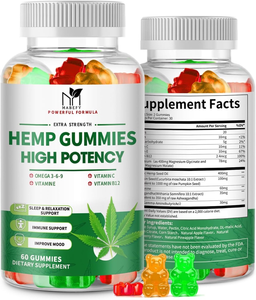 2 Empaquetaduras de cáñamo para el dolor, el sueño, la relajación - fuerza extra con magnesio & vitaminas - alta potencia aceite de cáñamo natural extractor de aceite, Vegan Gummy Osos