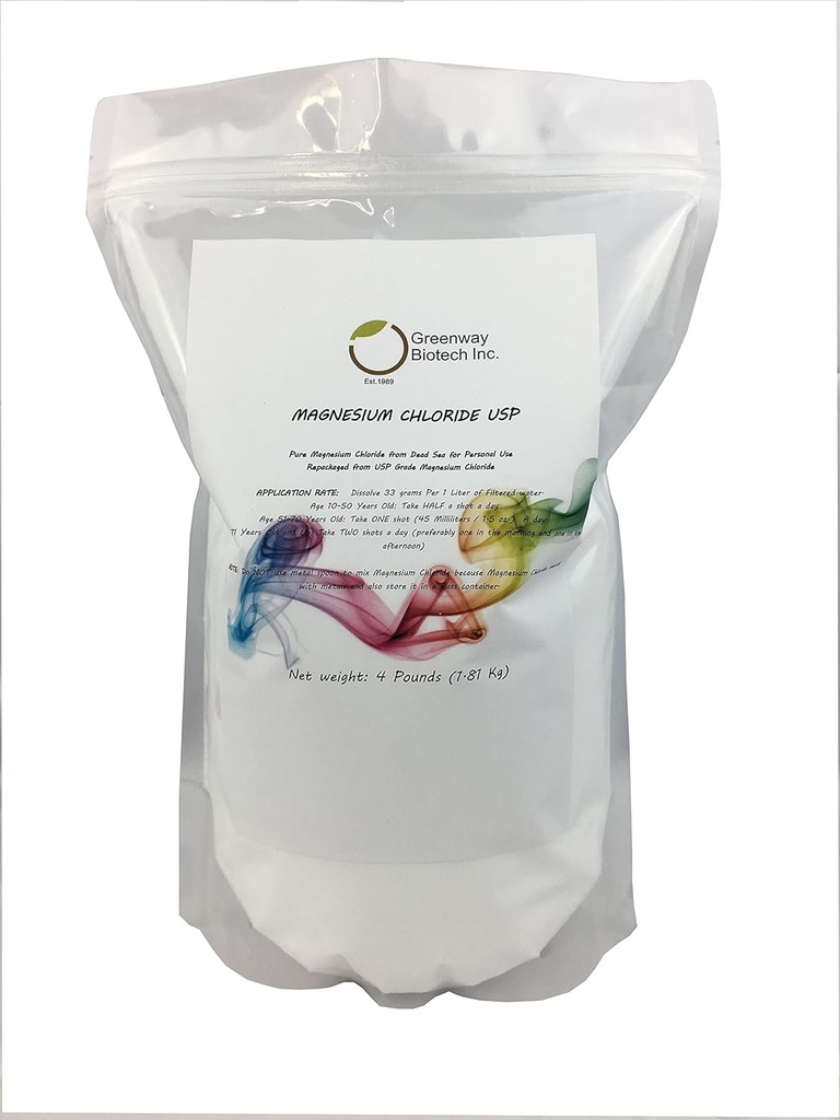 Greenway Biotech, Inc. Magnesium Chloride USP Supplement 100% Edible Cloruro de Magnesio Comestible Powder (Pharmaceutical Grade)- (4 libras)