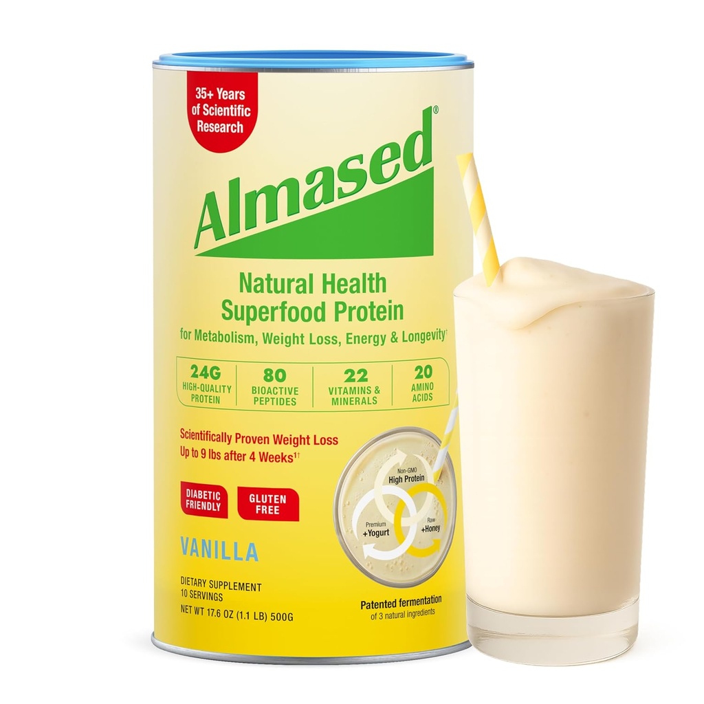 Reemplazo de vainilla Almased Shake - Base de planta alta de baja glucémica Proteína Powder- Nutricional Apoyo a la salud del peso Suplemento - Vanilla Flavor - 17.6 oz (1.1 libras (1 paquete))