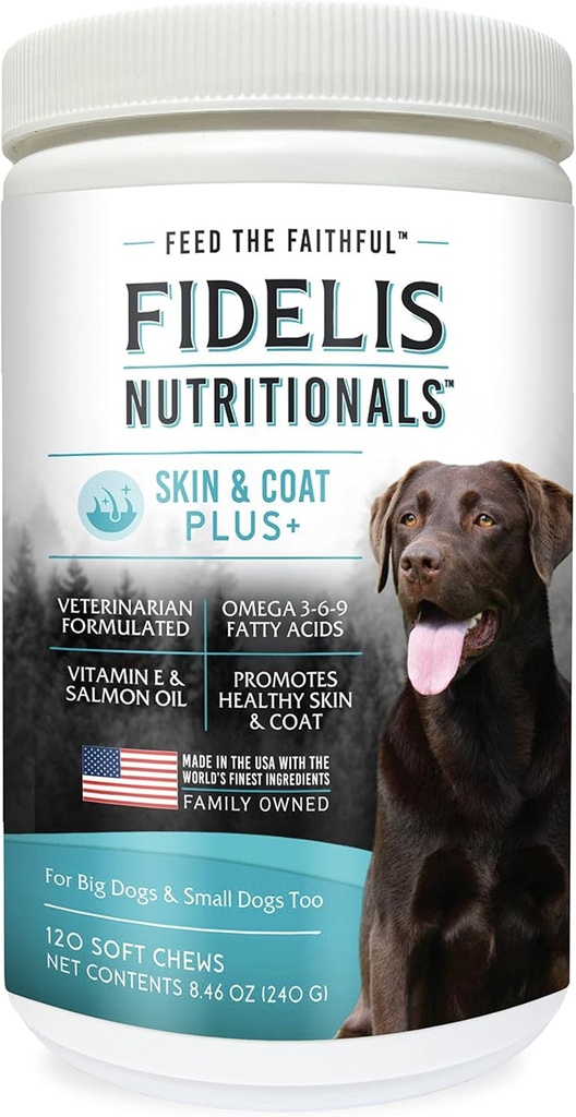 FIDELIS Skin &amp; Coat Plus+ Perro Skin &amp; Coat Suplemento, Omega 3, Vitamina E, Salmón Aceite para perros, ácidos grasos, piel sana, carne brillante, adulto, grande &amp; pequeño, hecho en EE.UU., sabor vegetal, 120 cerdas suaves