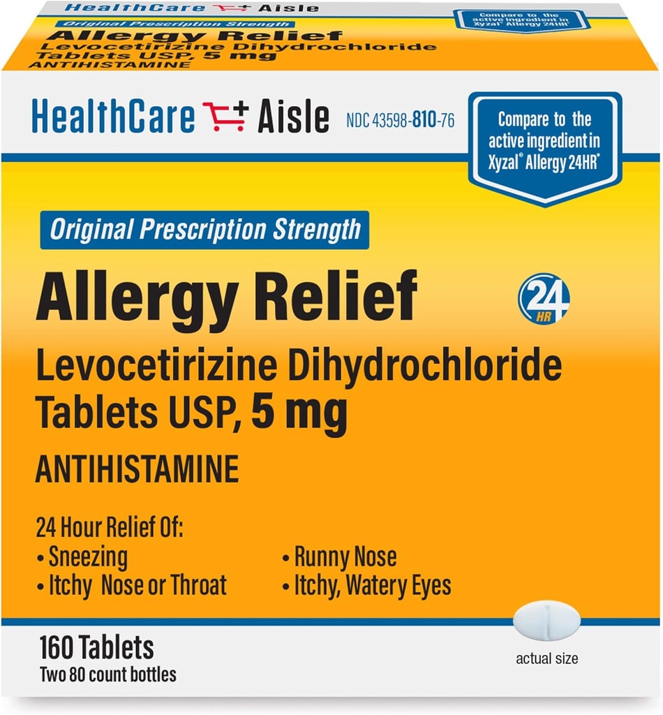 HealthCareAisle Allergy Relief - Levocetirizine Dihydrochloride Tablets USP, 5 mg, 160 Tablets, Original Prescription Strength Alergy Medication, 24-Hour Relief, 80 Count (Pack of 2)