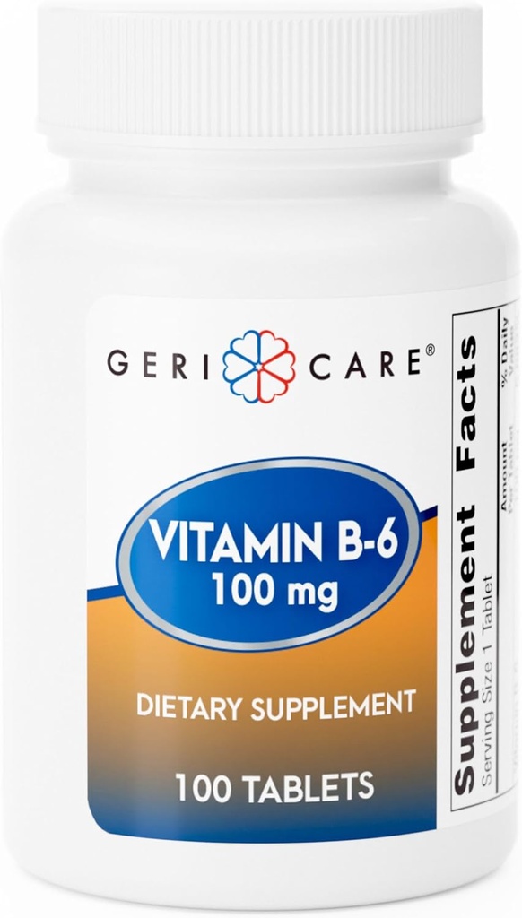 GeriCare Vitamina B-6 100mg, 100 Tabletas – Apoyo nutricional diario para la función cerebral saludable, mejora de la humedad, salud circulatoria y metabolismo – ayuda a combatir la fatiga " promover el bienestar general