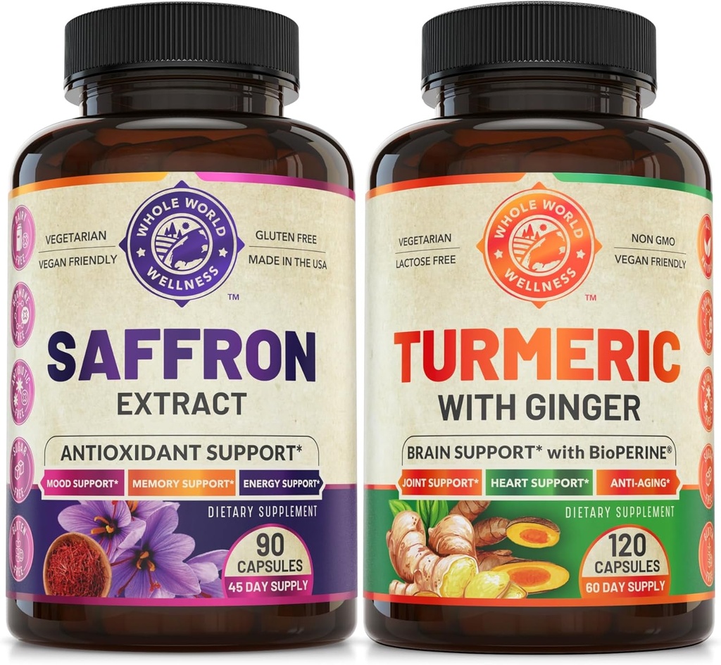 Puro Saffron Extract &amp; Organic Turmeric Curcumin Bundle (One Bottle Cada uno). Soporta Mood, Energy Boost, Función Metabólica. USA Made.