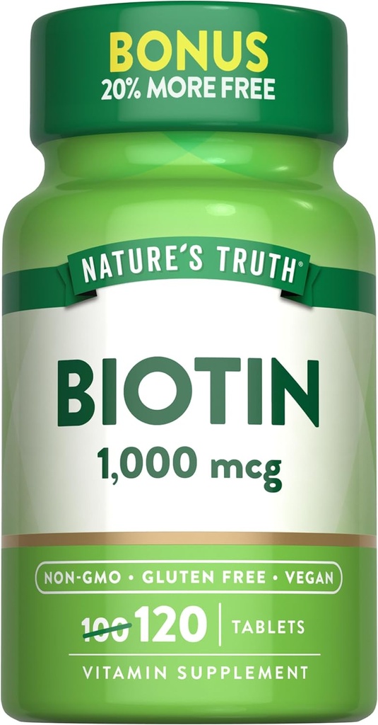 Verdad de la naturaleza Biotin 1000mcg TEN 120 Tablets ANTE Vegan, Non-GMO, Gluten Free Supplement