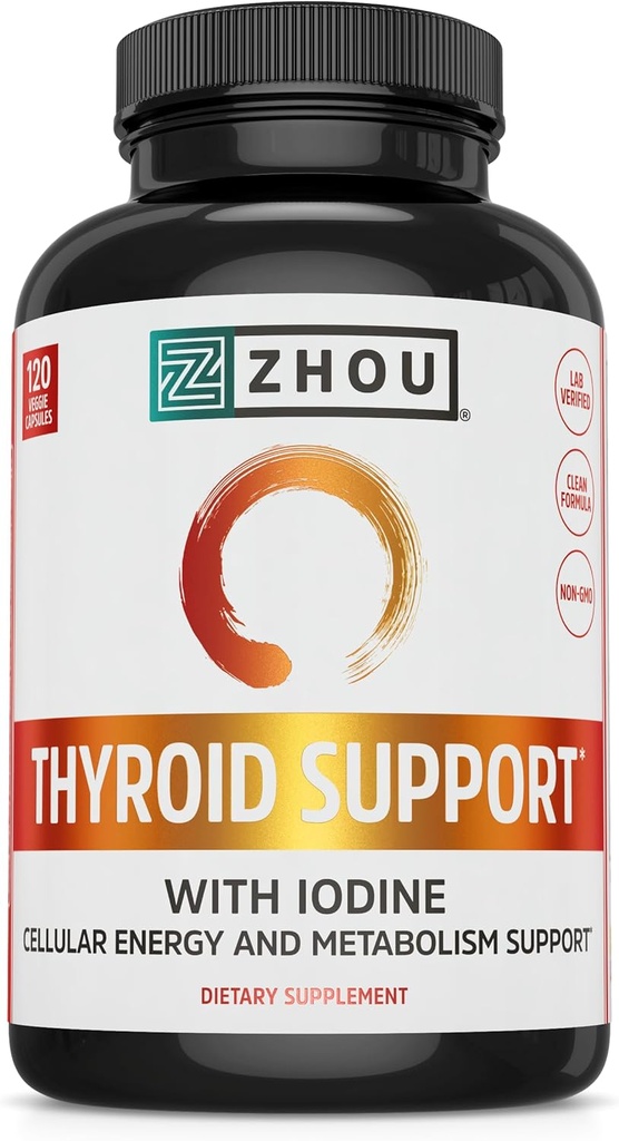 Zhou Thyroid Support - Suplemento de tiroides para hombres con zinc, yodo &amp; selenio, complejo de tiroides de salud metabólica, soporte antioxidante con Aswagandha & Kelp - 120 cápsulas vegetales