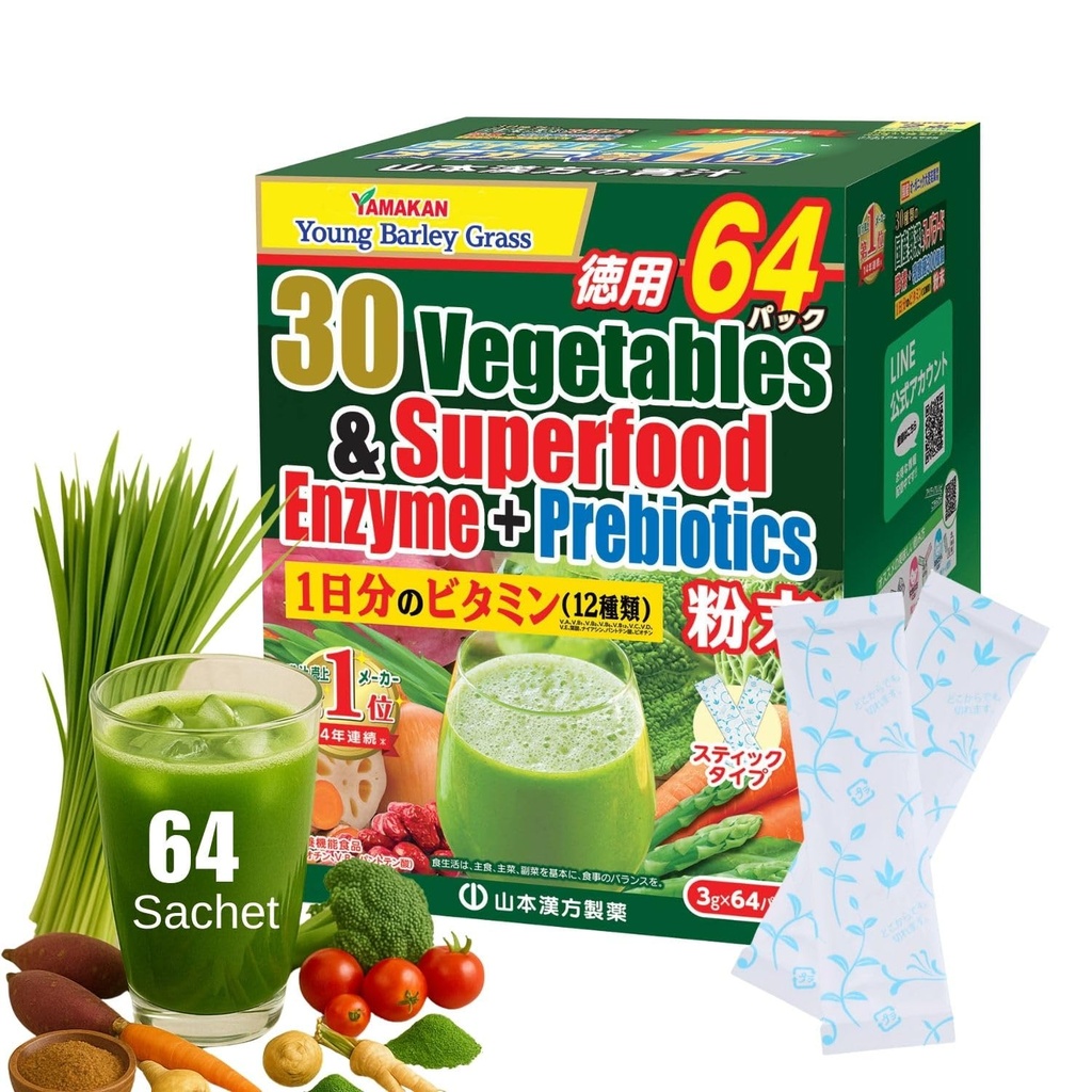 Yamamoto Kanpoh YAMAKAN Greens Superfood Powder con prebiótico Fiber " Enzymes for Digestion, 30 Veggies " Young Barley Grass Juice Blend de Japón, Gut Health for Women " Men, 64 Packets